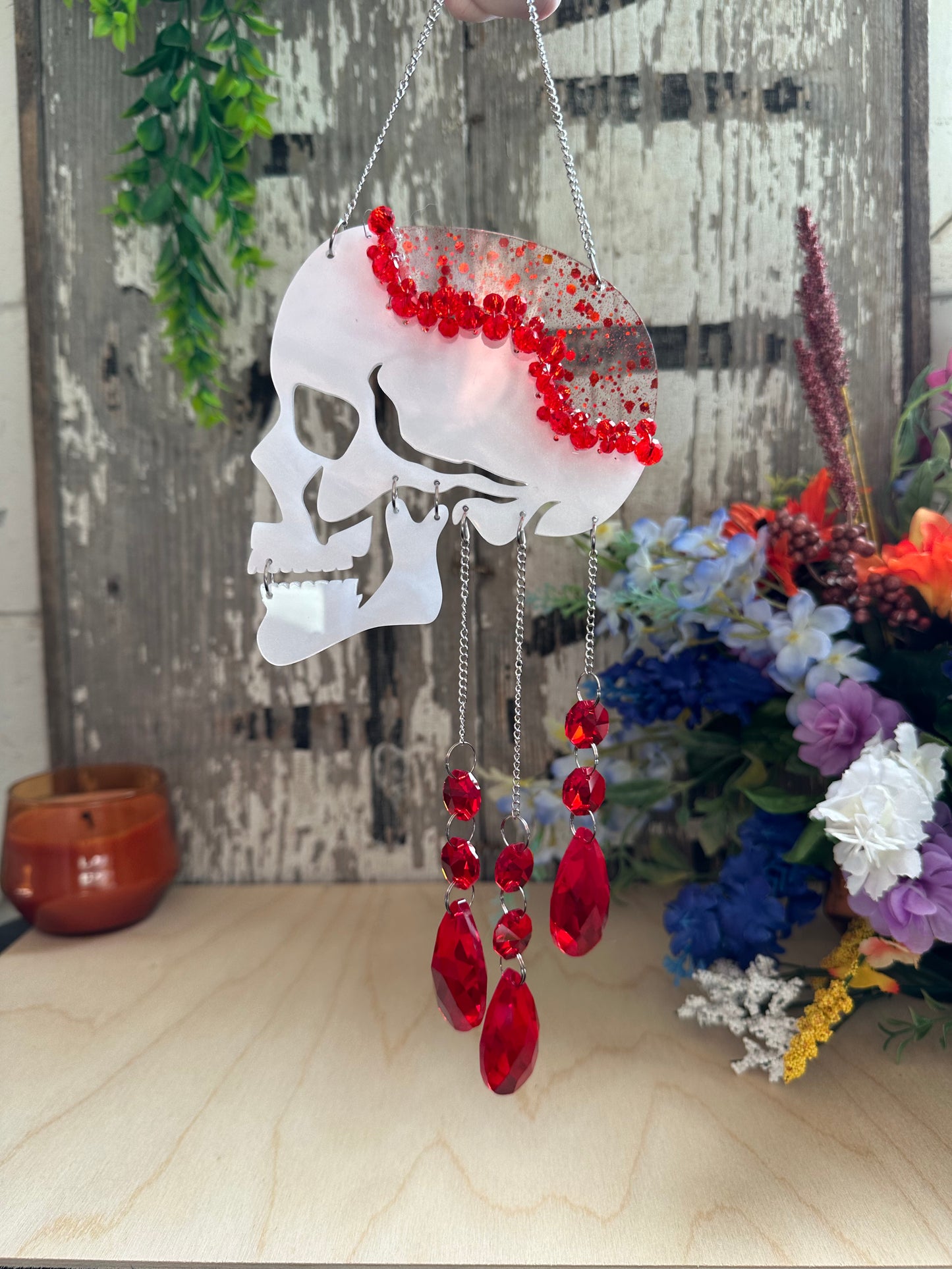 Red Glitter Drip Skull Suncatcher/Wall Hanging