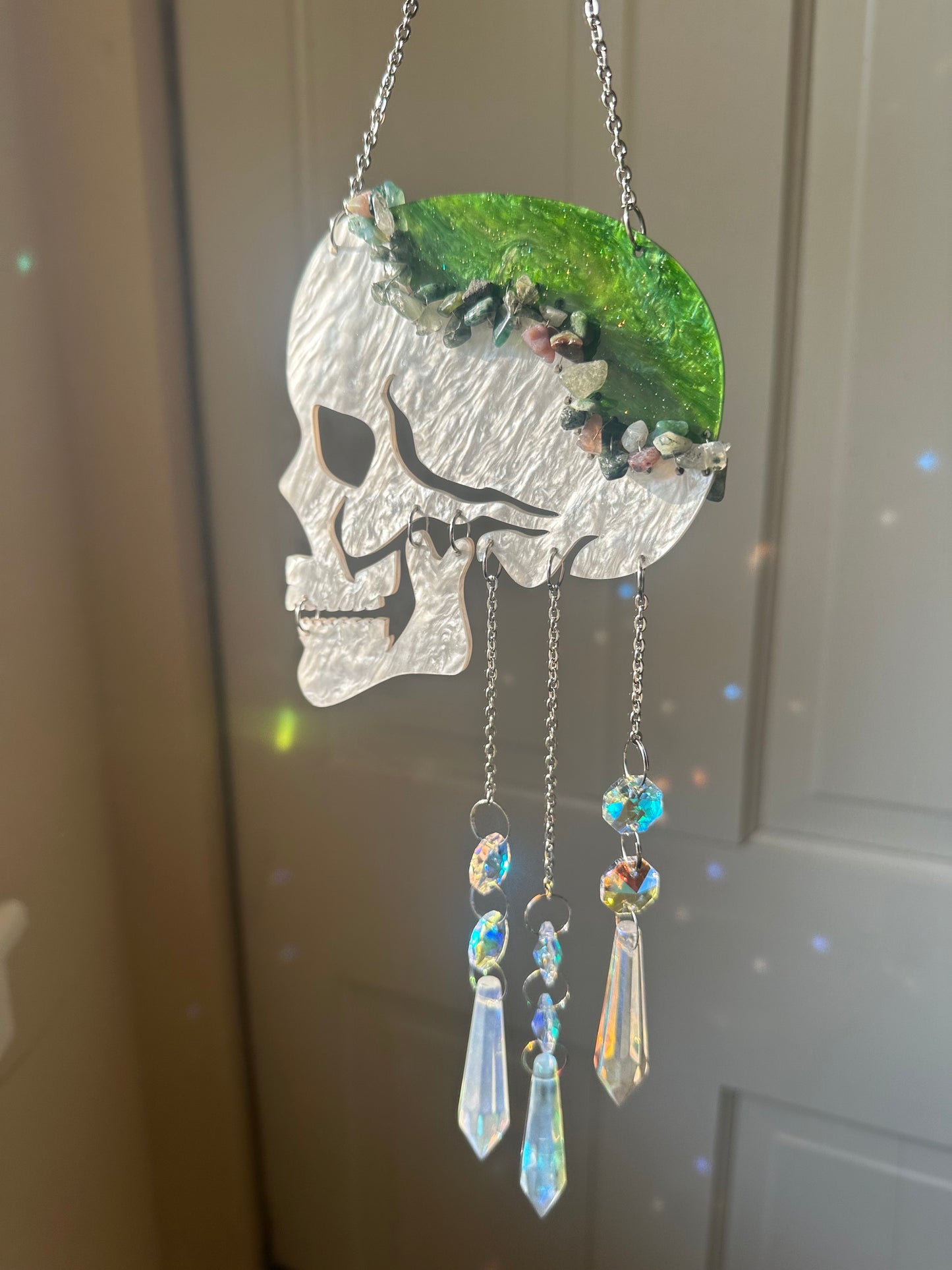 Moss Agate Skull Suncatcher/Wall Hanging