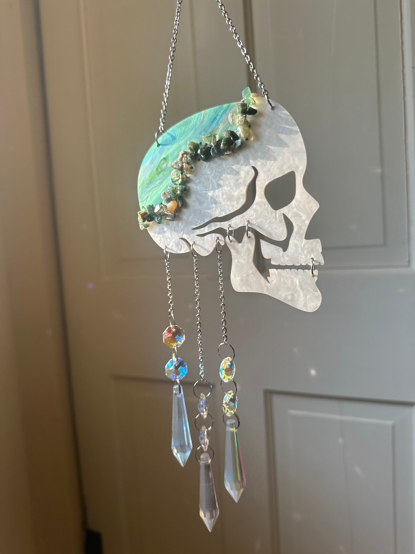 Moss Agate Skull Suncatcher/Wall Hanging