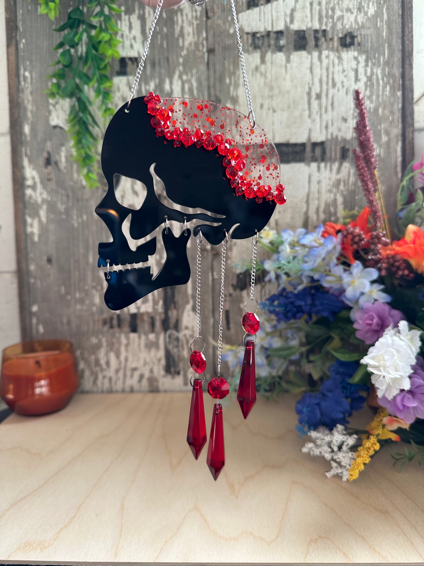 Red Glitter Drip Skull Suncatcher/Wall Hanging